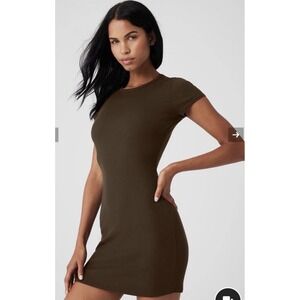 Alo Yoga Alo Goddess Ribbed Short Sleeve Dress Espresso Brown BodyCon Small